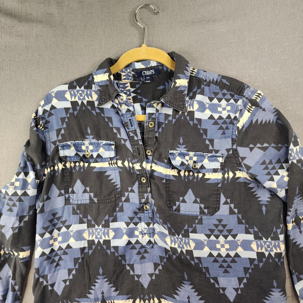 Chaps Denim Womens Blue Southwestern Geometric Print Long Sleeve Shirt Large